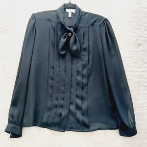Blouse Button-Up Size 12 Black Sheer Pleated Whimsycore Y2K Office Siren Chic